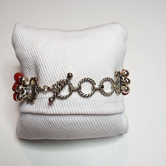 Ruby Lane Signed M.G. Sterling Silver Red Coral Bead Bracelet 3 Rows - Picture 2 of 10